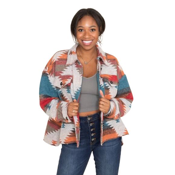 La Miel Womens Jacket Small Southwest Aztec Oversized Button Down Lightweight - Picture 4 of 16